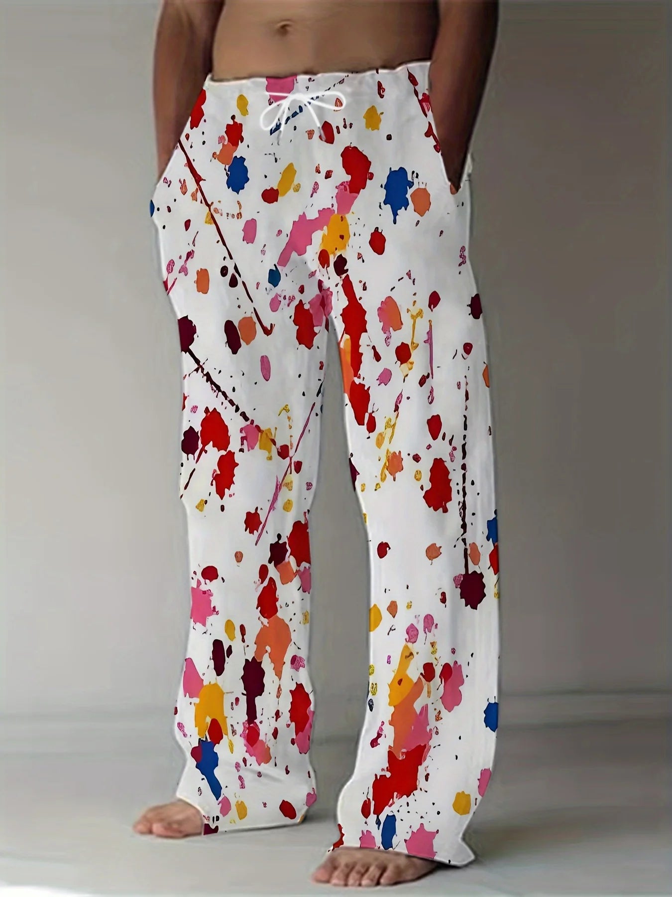 Men's Casual Loose-Fit Straight Pants Relaxed Fit Adult Fashion Pants With Drawstring Full-Print Pattern