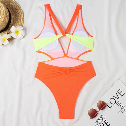 Patchwork Solid Swimwear Women Strapped One Piece Swimsuit Beach Lady Monokini Backless Hollow Bathing Suit