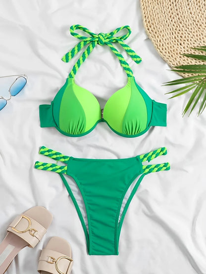 Color block Halter Push Up Bikini Halter Swimsuit Women Swimwear Female Bathers Bathing Swimming Swim Suit Beachwear