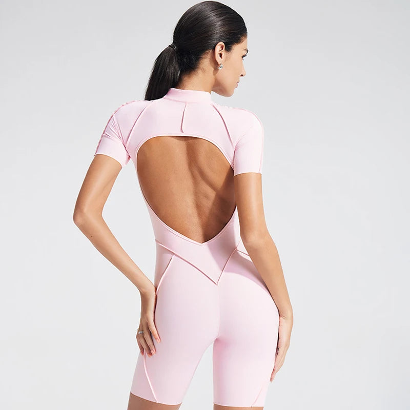 Women's Short-Sleeve Zip-Front Open-Back Workout Playsuit