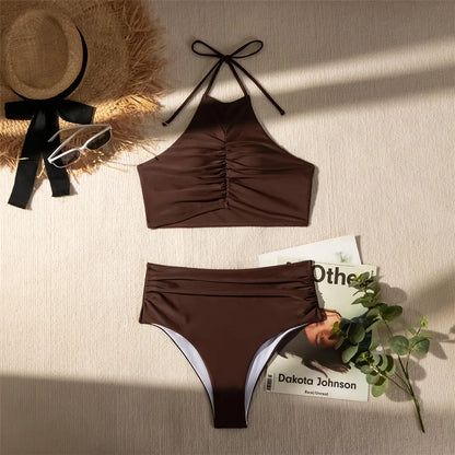 Halter Wrinkled High Neck Female Swimsuit High Waist Bikini Women Swimwear Two-pieces Bikini set Bather Bathing Suit Swim
