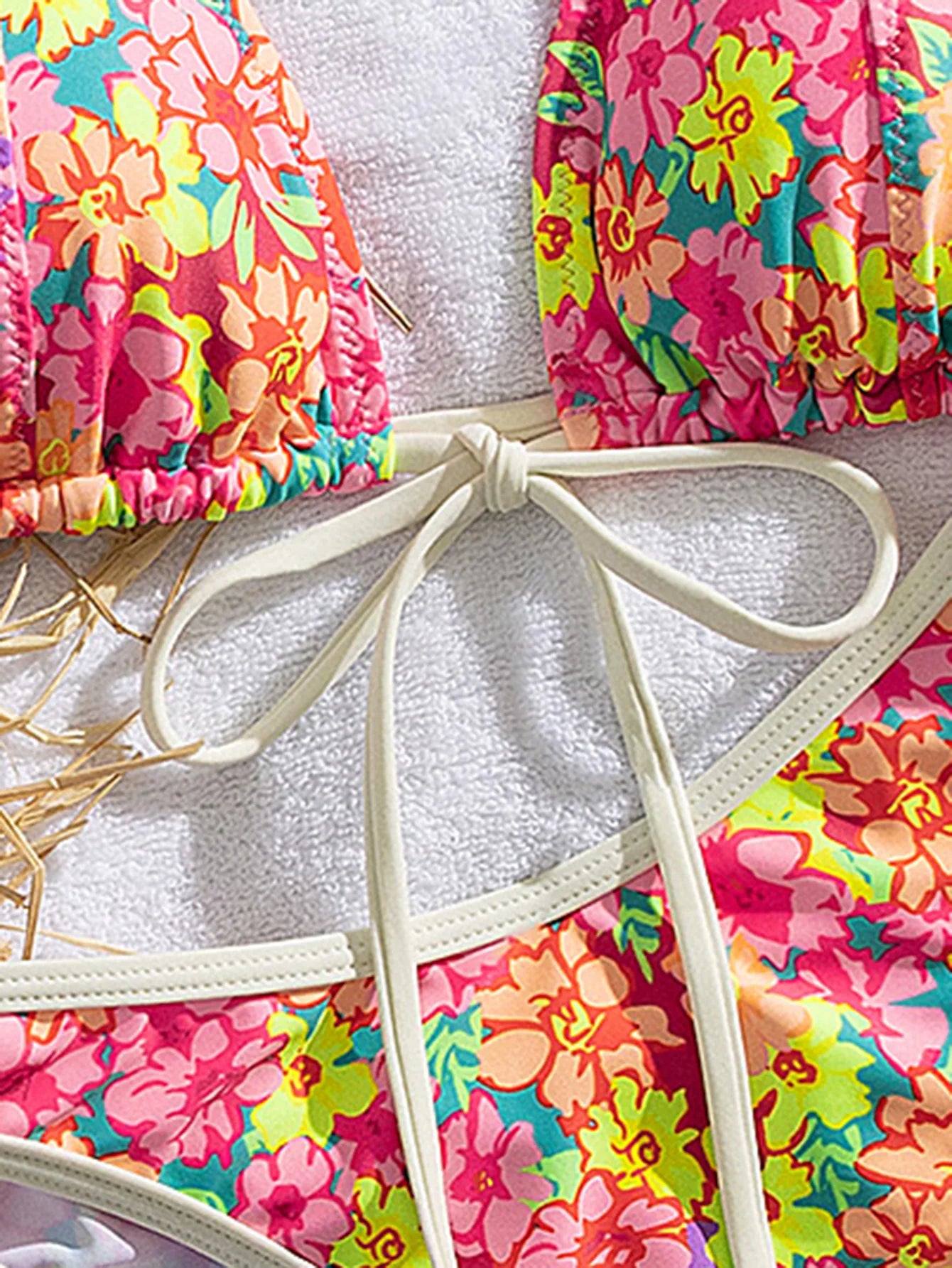 Pink Floral Print Micro Bikini Women Front Tie Push Up Bra Thong Swimsuit Beach Bathing Suit Vacation Swimwear Biquini