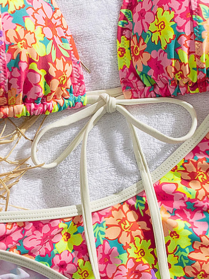 Pink Floral Print Micro Bikini Women Front Tie Push Up Bra Thong Swimsuit Beach Bathing Suit Vacation Swimwear Biquini