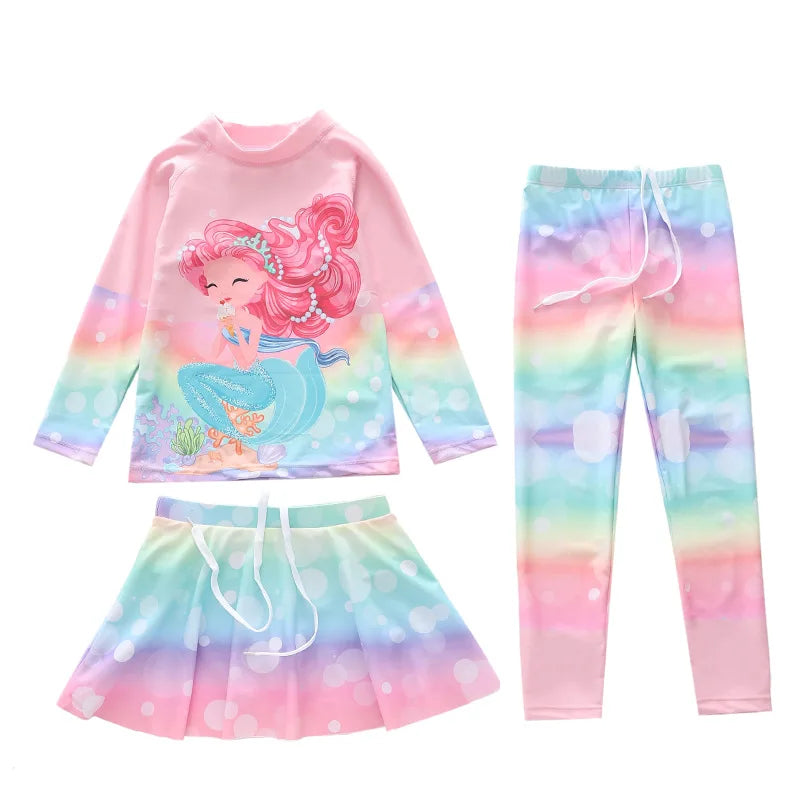 Swimsuit for Children Long Sleeve Rash Guard Swim Skirt and Surf Pant Set Sunscreen UV Protection Beach Kids Bath Clothes Girl