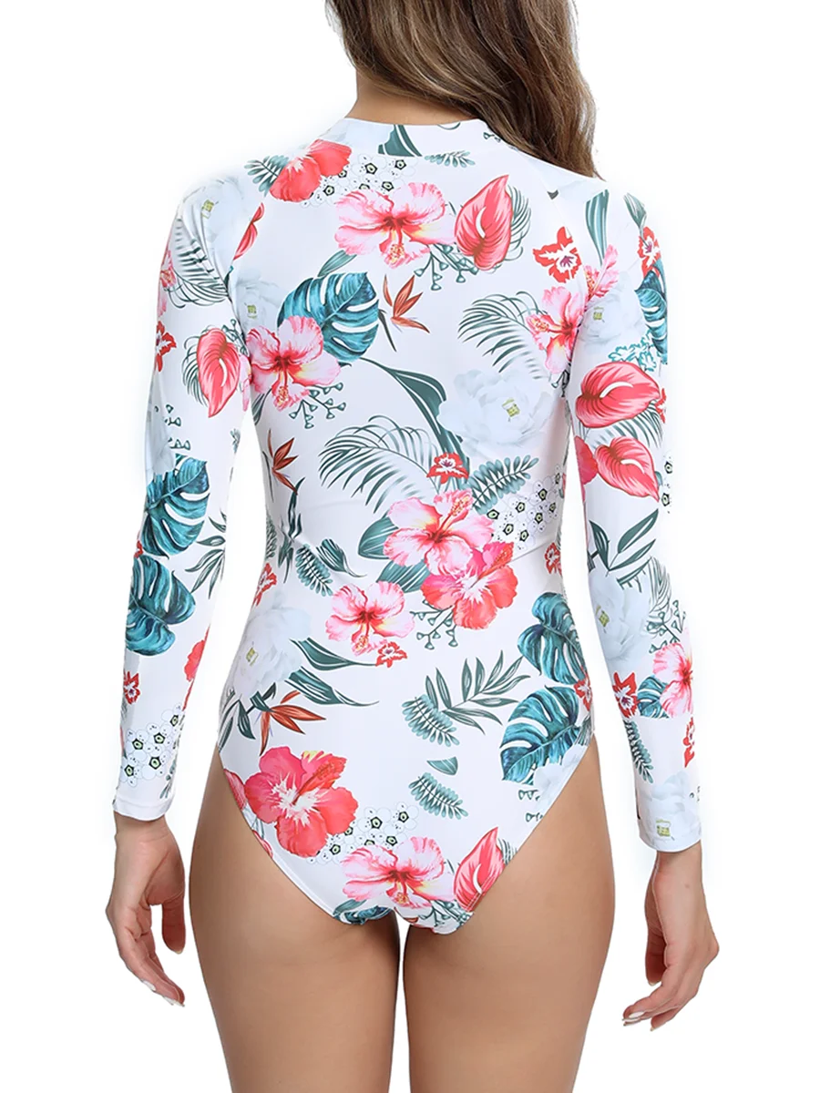 Floral Printed Long Sleeve Surfing Swimsuit With Zipper Women Swimwear Female Bathers Bathing Swimming Swim Suit Beachwear