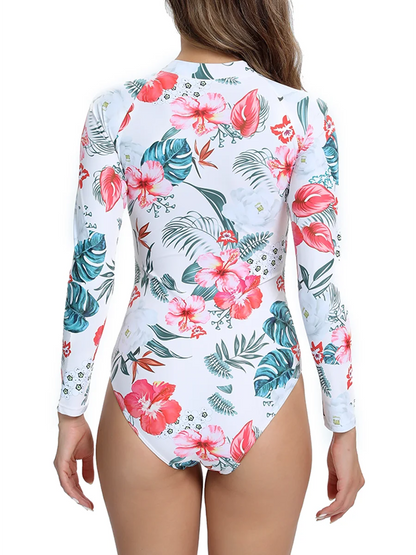 Floral Printed Long Sleeve Surfing Swimsuit With Zipper Women Swimwear Female Bathers Bathing Swimming Swim Suit Beachwear