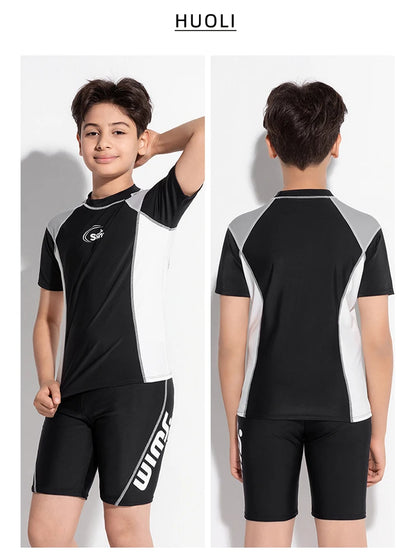 Boy Swimwear Short Shirt Two Piece Short Sleeve Solid Patchwork Teenager Children Kids Swimming Beach Wear 2024 9-16 years