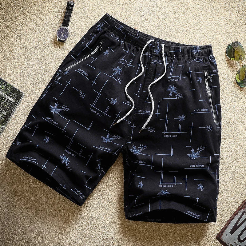 Cotton Shorts Men Breathable Thin Feather Print Pocket Elastic Waist Korean Loose Casual Sports Beach Short Pants 5XL