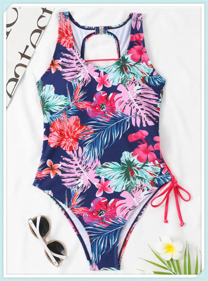 Lace Up Back Swimsuit One Piece Printed Swimwear Women Backless Bathing Swimming Suit Female Padded Beachwear Bodysuit