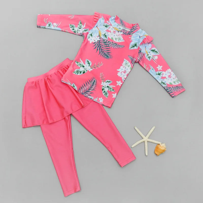 Girls' Long Sleeve Swimming Suit Skirt Style Quick Dry Thermal Sunscreen Swimwear Casual Surf Suit Children's Two Piece Swimsuit