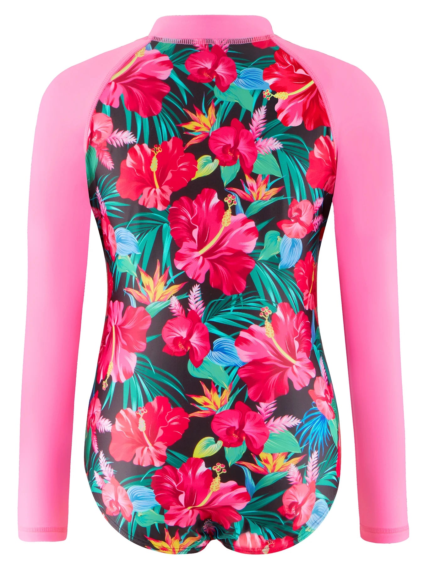 Girls Swimsuit One Piece Long Sleeve Floral Print Swimwear Beach Pool Kids Tween Swim Summer Bikini Cut Bottom Contrast Color