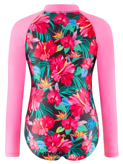 Girls Swimsuit One Piece Long Sleeve Floral Print Swimwear Beach Pool Kids Tween Swim Summer Bikini Cut Bottom Contrast Color