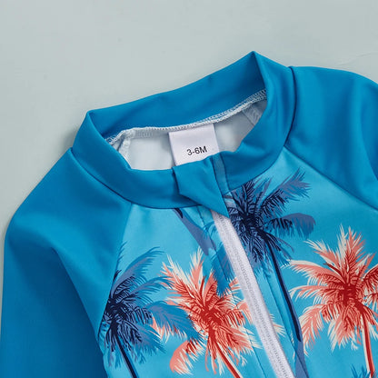 Toddler Boys Rash Guard Swimsuit Coconut Tree Print Long Sleeve Zip Bathing Suit with Swim Cap