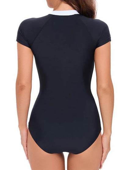 Short Sleeve Rash Guard Zipper One Piece Swimsuit Women Slim Swimwear Sporty Bathers Bathing Swimming Swim Suit Female Summer Beachwear XXL