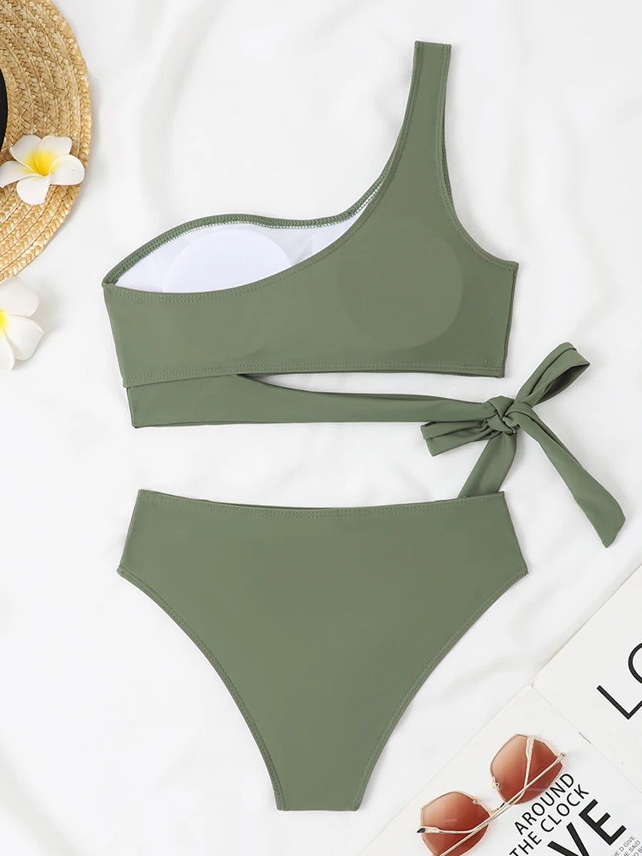 One Shoulder Bikini Set Swimsuit Women Solid Padded Swimwear Female Bathers Bathing Swimming Swim Suit Beachwear