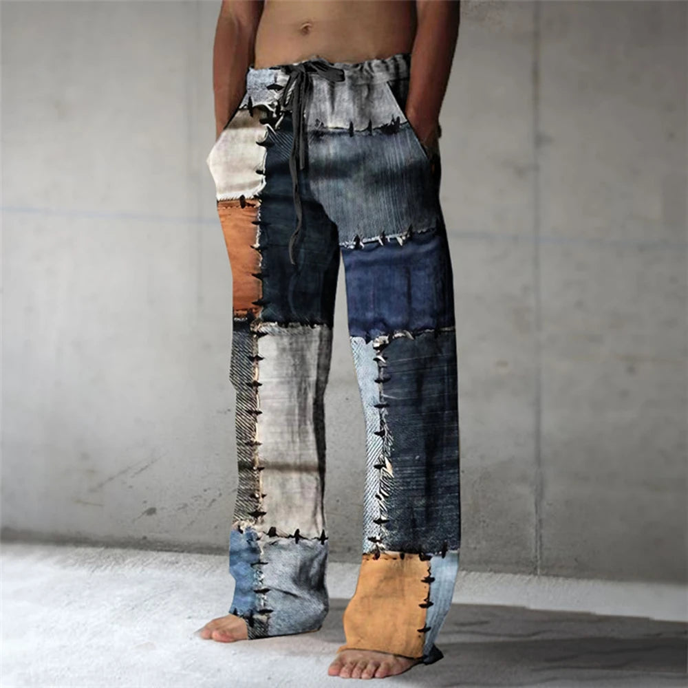 Plaid Color Block Men's Resort 3D Printed Casual Pants Trousers Elastic Waist Fit Straight-Leg Pant Summer Beach Pants 5XL