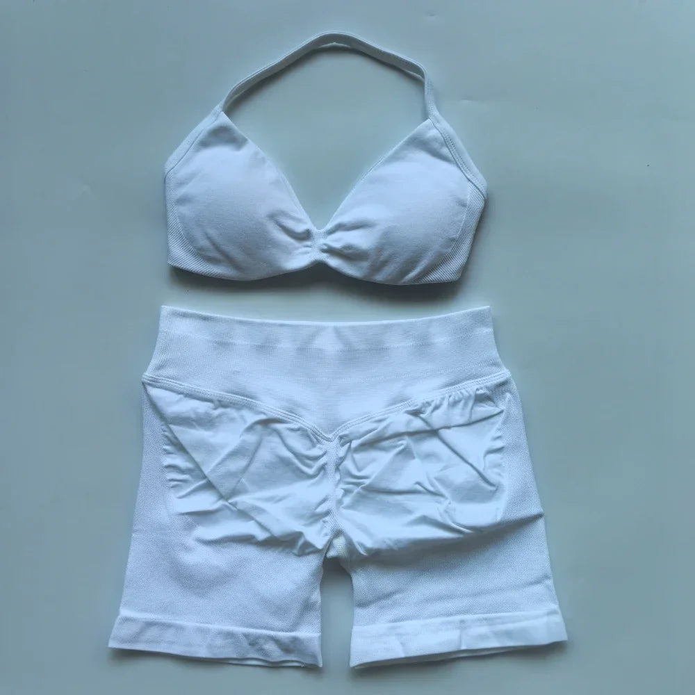 2PCS Gym Set Women Strappy Yoga Bra Top High Waist Workout Scrunch Shorts Sports Suit Seamless Yoga Set Fitness Clothes