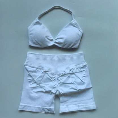 2PCS Gym Set Women Strappy Yoga Bra Top High Waist Workout Scrunch Shorts Sports Suit Seamless Yoga Set Fitness Clothes