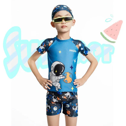Children's Swimsuit Cartoon Pattern Children's Swimwear Boys Split Design Suitable Swimming Suit Beachwear with Hat