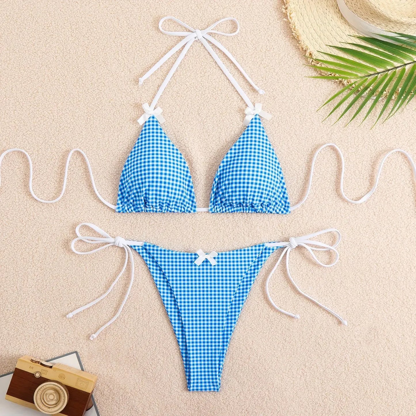 Plaid Bikini Sets Bowknot Little Lattice Printed Swimsuit Beach Pool Vacation Adjustable Lacing Bikini Suit