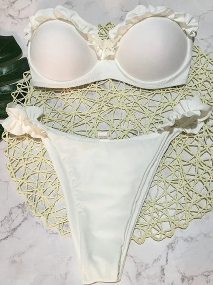 Leopard Ruffled Bra Cup Bikini Women Bandeau Swimsuit Female Swimwear Two Pieces Bikini Set Push Up Bathing Suit Swim Lady
