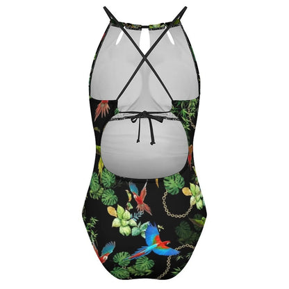 Gold Chains Print SwimsuitTropic Parrots Female Swimwear One Piece Vintage Swimsuits Beach Push Up Cut Out Bathing Suits