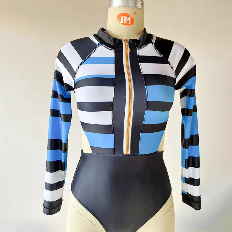 Patchwork One-Piece Swimsuit Long Sleeve Swimwear Sports Backless Women's Swimming Bathing Suit Beach Wear Bather Surfing