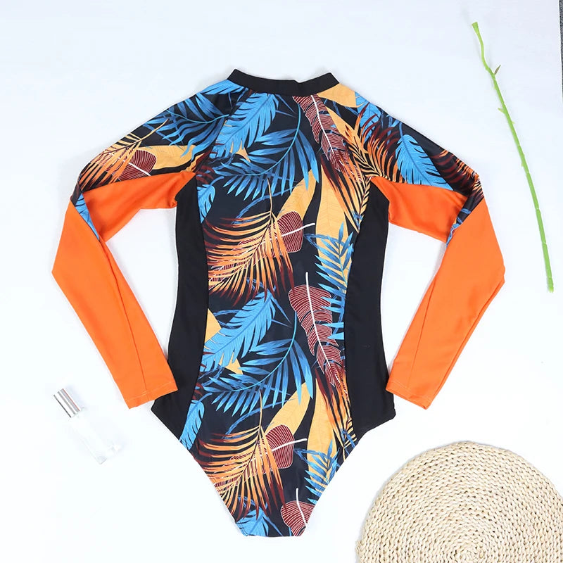 Surfing Sport Push Up Long Sleeve Set One Piece Bathers Women Floral Swimwear Bathing Suit Summer Beachwear