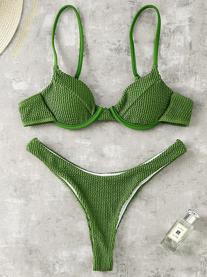 Ribbed Underwired V-Bar Thong Bikini Women Swimsuit Female Swimwear Two-pieces Bikini Set High Cut Bathing Suit Swim Beachwear