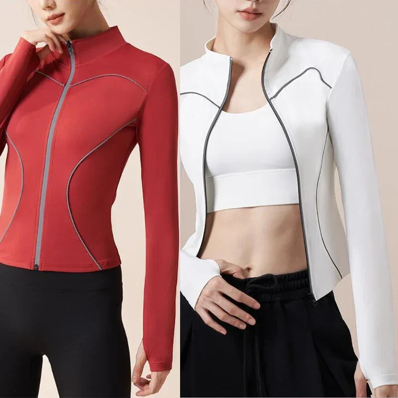 Slim Fit Yoga Jackets Reflective Stripe Safe Night Run Long Sleeve Women Sports Jackets Thumbhole Gym Tops Quick Dry