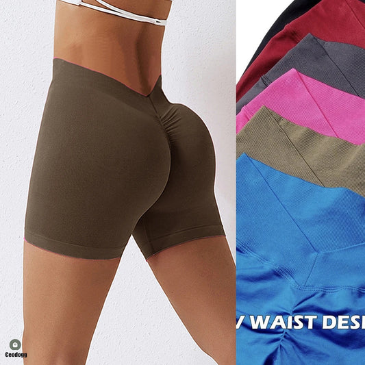 Knit Seamless V Back Yoga Shorts Women Fitness Elastic Scrunch Push Up Sports Running Workout High Waist Shorts