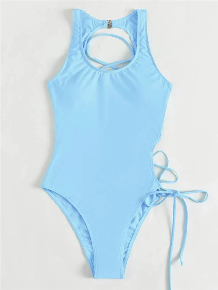 Lace Up Back Swimsuit One Piece Printed Swimwear Women Backless Bathing Swimming Suit Female Padded Beachwear Bodysuit