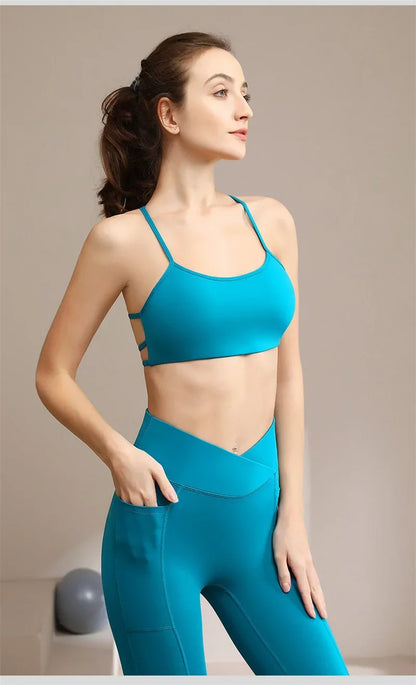 PofyBofy Yoga Bra Criss Cross Workout Crops Pilates Bras Gym Crop Top Running Bras Sexy Back Spaghetti Straps Fitness Bras
