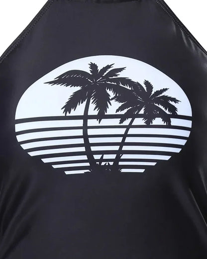 Coconut Tree Print Drawstring Ruched Halter Tankini Set Women 2pcs Clothes Suit Spring Summer Bikini Swimwear Bathing Clothing