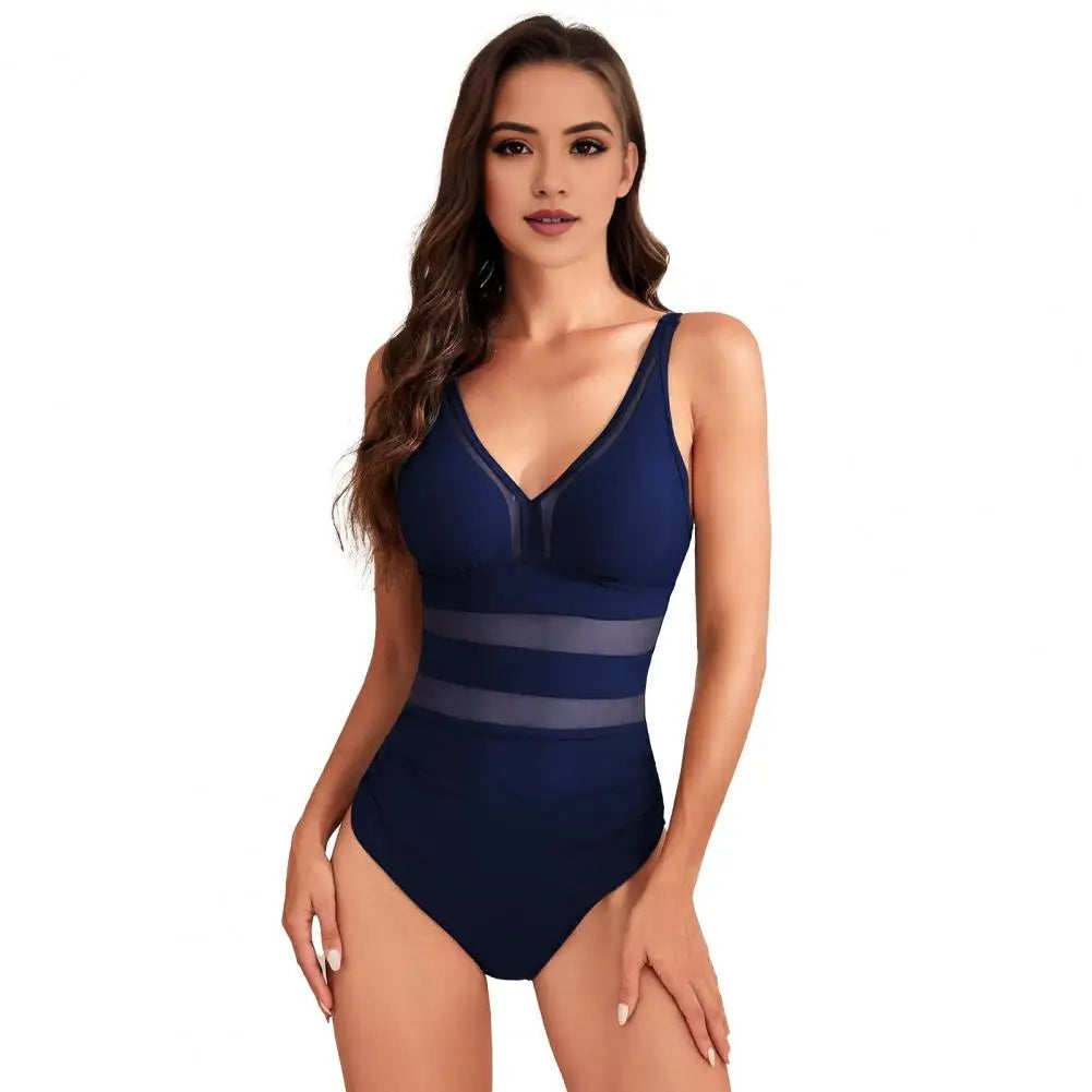 Hollow Mesh Splicing Monokini Swimsuit Stylish Women's Mesh Splicing One-piece Swimsuit Tummy Control V-neck Monokinis Beachwear