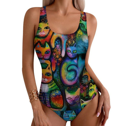 Funny Cat Swimsuit Colorful Cats Pop Art Swimwear One-Piece Fitness Bodysuit Cut Out Bathing Suits Ladies Push Up Beachwear