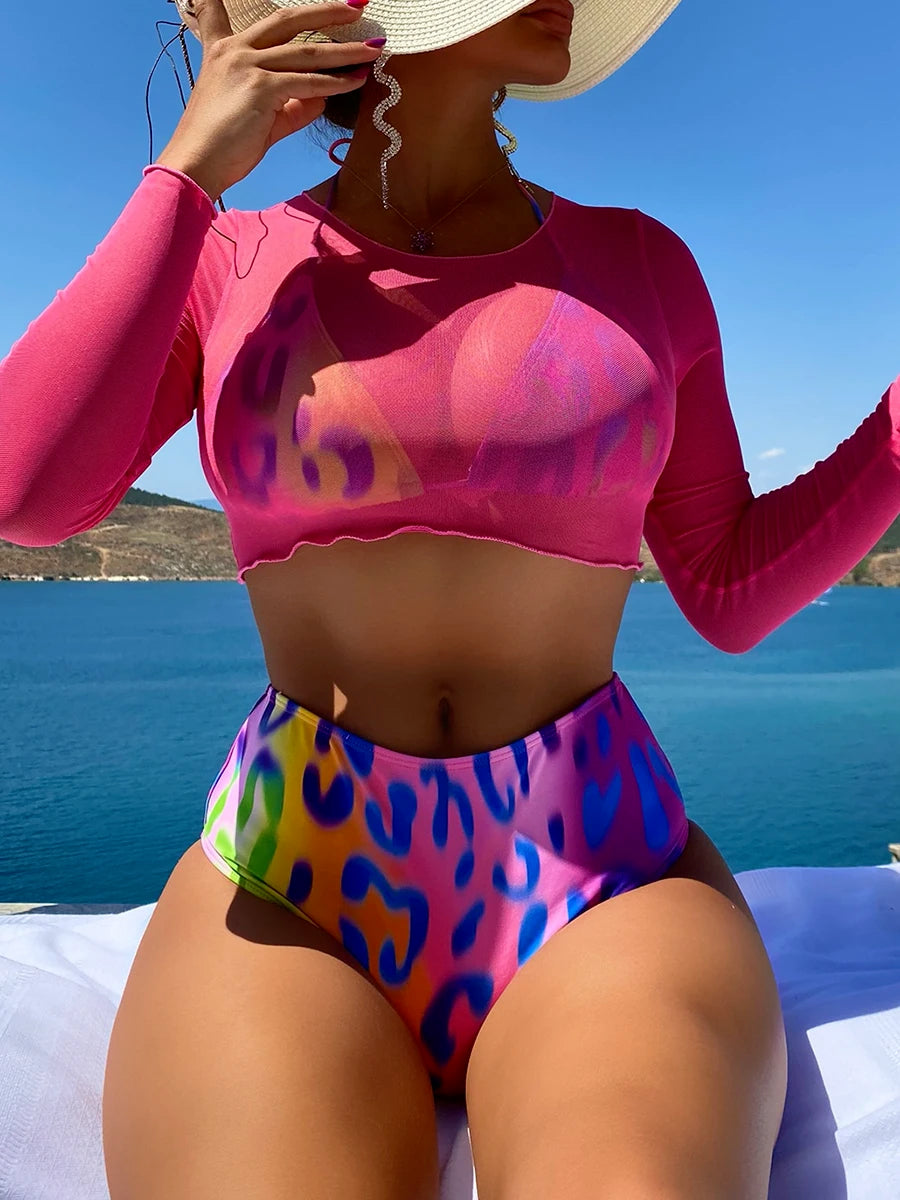 3 Pieces Leopard High Waist Bikini Triangle Swimsuit Top Halter Swimwear Women Bathing Swimming Suit Female Beachwear