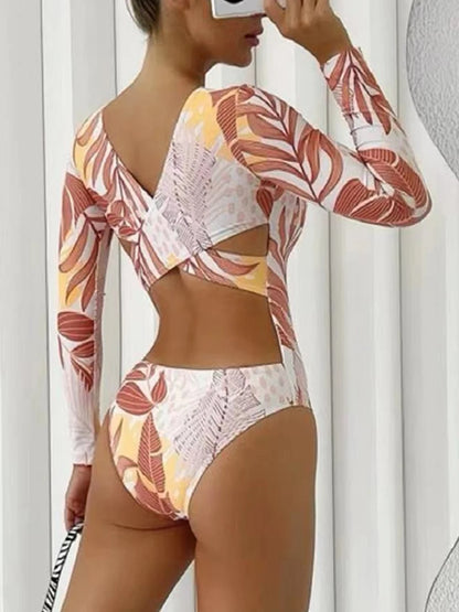 Tropical Leaf Print Long Sleeve Swimsuit One Piece Hollow Out Cross Swimwear Women Bathing Suit Padded Beachwear Swimming Summer