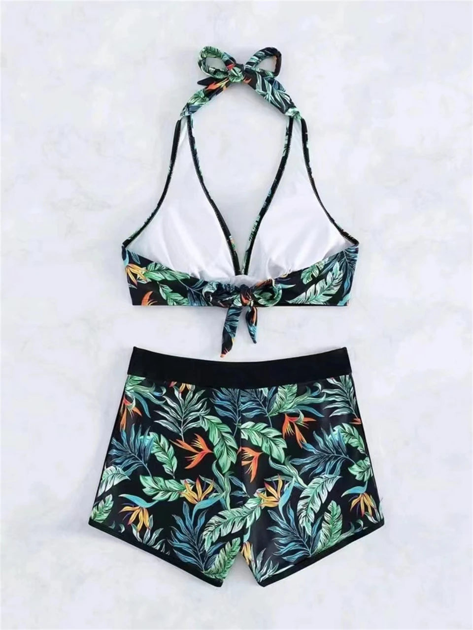 Halter Bikini Women High Waist Swimwear Female Swimsuit Leaf Printed Beachwear Bathing Swimming Suit Summer Beachwear