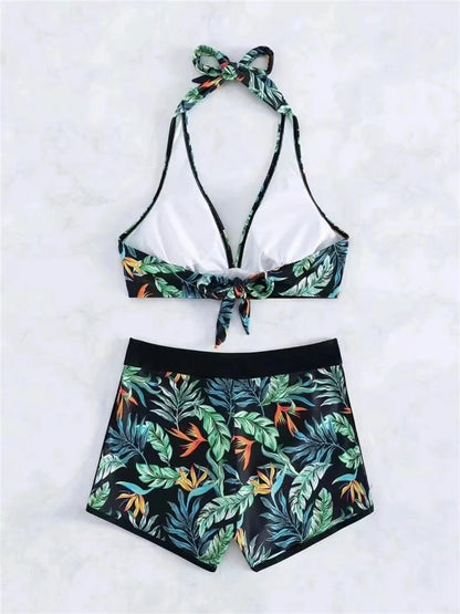 Halter Bikini Women High Waist Swimwear Female Swimsuit Leaf Printed Beachwear Bathing Swimming Suit Summer Beachwear