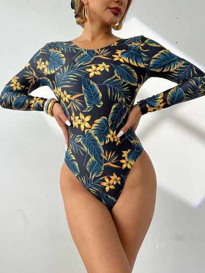 Tropical Print Long Sleeve Swimwear Women Backless Hollow One Piece Swimsuit Monokini Brazilian Beach Bathing Suit