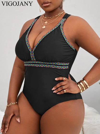 Black Strapped Plus Size Swimwear Women Patchwork Push Up One Piece Swimsuit Back Cross Hollow Big Bathing Suit