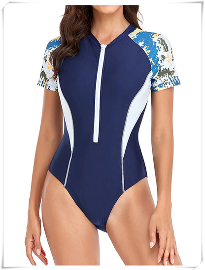 Short Sleeve Zipper One Piece Swimsuit Zebra Print Swimwear Women Diving Clothes Surfing Beachwear Bathing Swimming Suit
