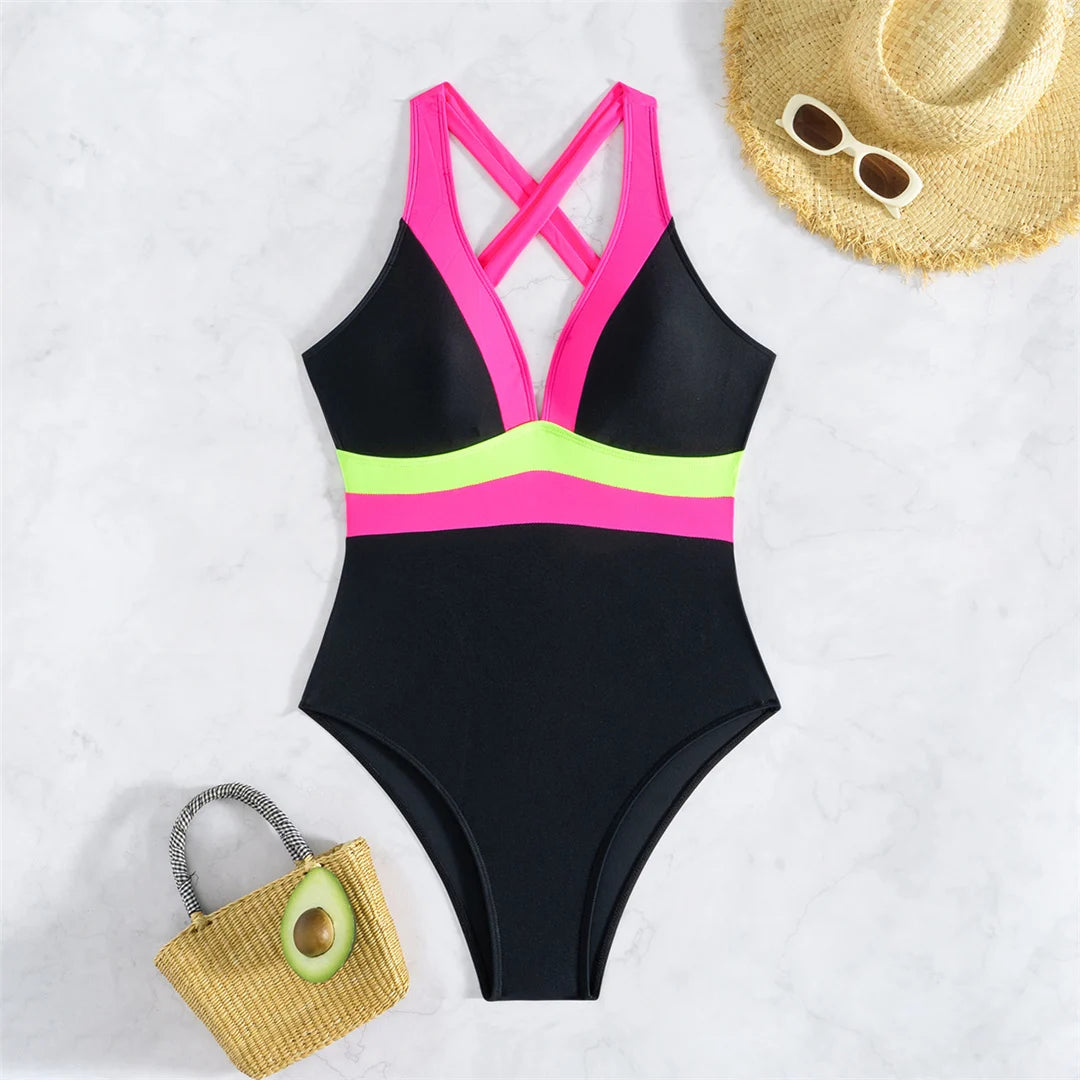 S - XL Splicing V Neck Cross Back Women Swimwear One Piece Swimsuit Female High Cut Leg Padded Bather Bathing Suit Swim