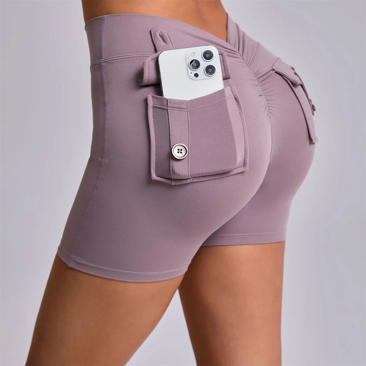 Deep V Back Yoga Shorts Women Pocket Scrunched Butt Gym Leggings High Waist Push Up Tights Booty Sports Shorts Fitness