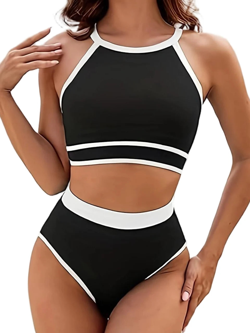 Halter Solid Bikinis High Waist Triangle Swimwear Female Sports Vest Swimsuit Women Bather Bathing Swimming Suit Beachwear