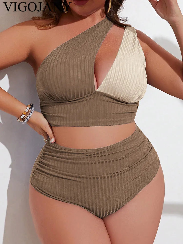 Solid Patchwork 2 Piece Plus Size Bikini Women One Shoulder Push UP Large Swimsuit Backless  Bathing Suit