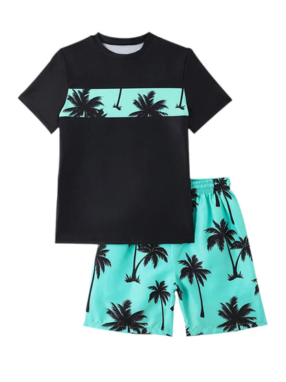 Boy Kids Swimsuit Solid Coconut Tree Print Children Swimwear Summer Two Piece Beach Shorts Beach Bathing Suit Swimming