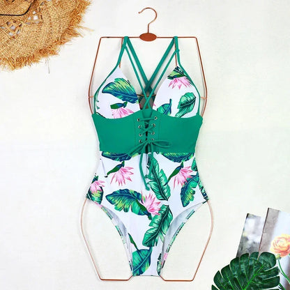 One Piece Swimsuit Swimwear Women Leaf Print Patchwork Hollow Cross Straps Backless Beachwear Bathing Suit