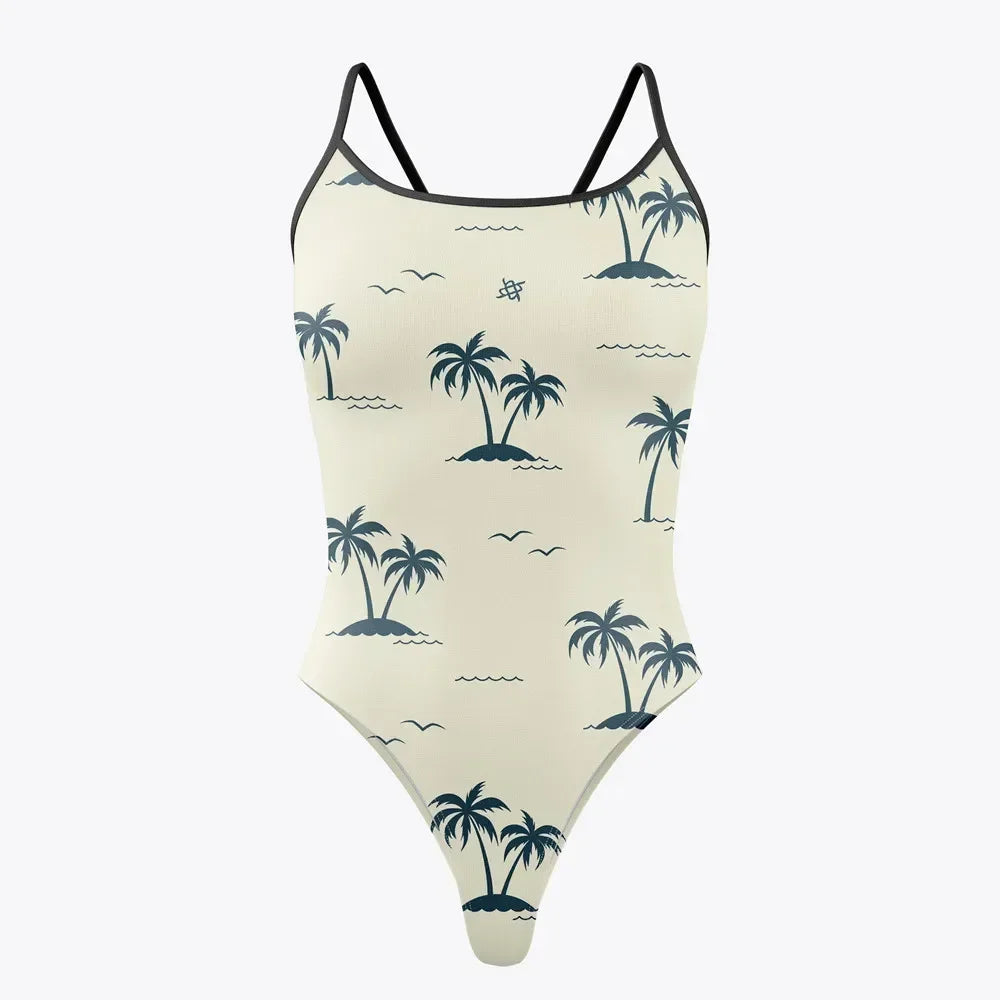 Women's Thin-Strap One-Piece Swimsuit – Floral & Palm Prints